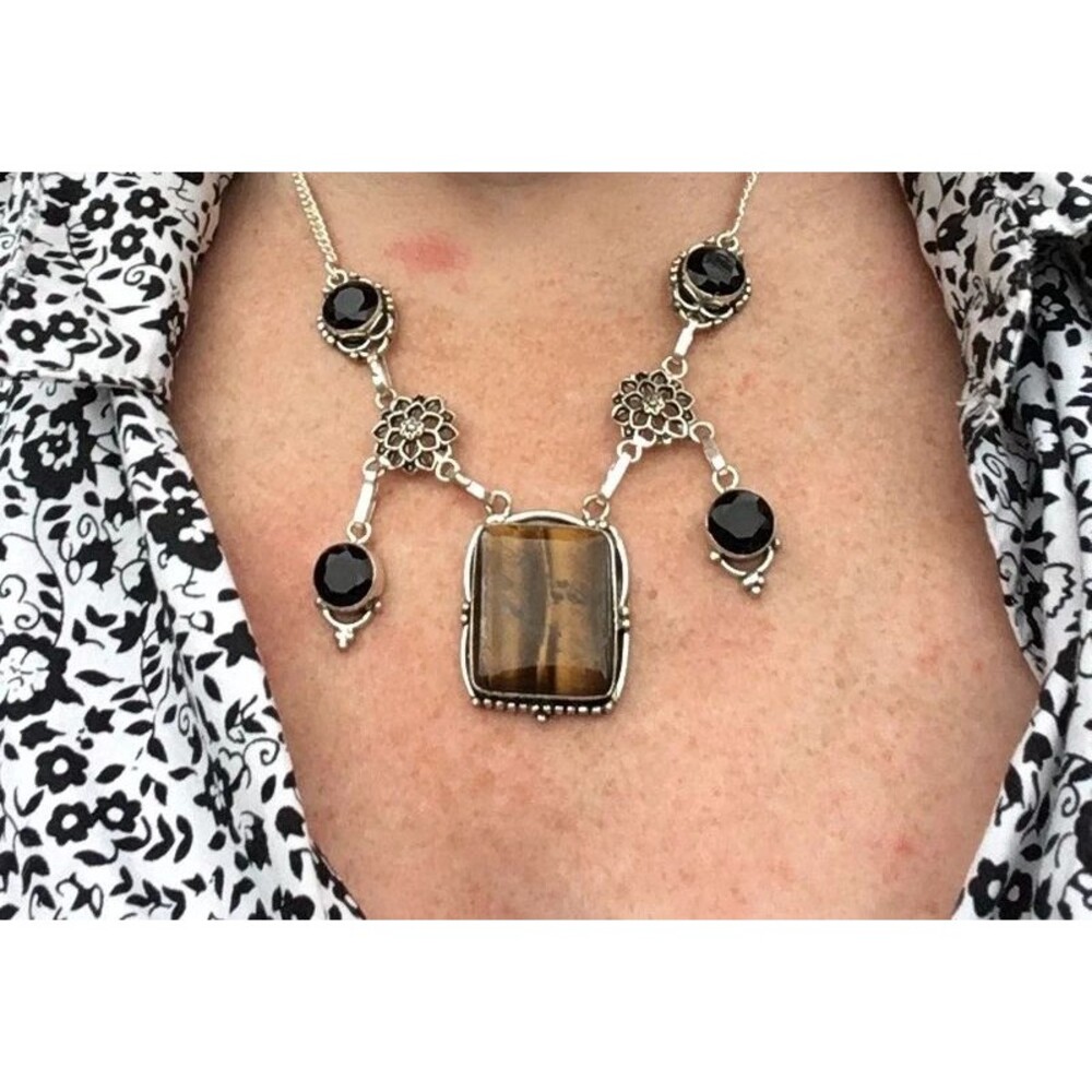 Tiger’s Eye & Black Onyx Necklace – Silver‑Plated (Stamped 925)